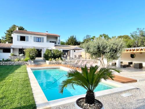 莫桑莱阿尔皮莱Bastide La Mérigot - Maussane-les-Alpilles的庭院里一座带游泳池和棕榈树的房子