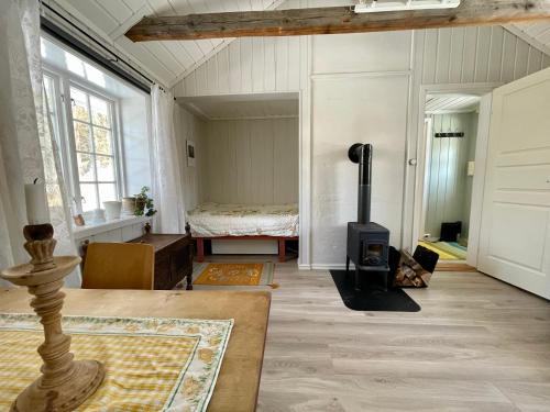滕斯贝格Idyllic small farm appartment的带壁炉的客厅和卧室