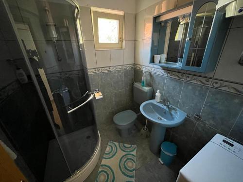 布雷拉Apartments Kricak的带淋浴、盥洗盆和卫生间的浴室
