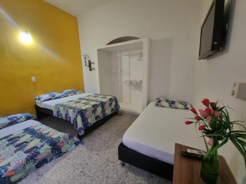 拉多拉达Casa de Luna的一间酒店客房,设有两张床和电视