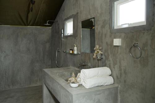 蒂瑟默哈拉默Yala Wild Hut - Yala的浴室配有盥洗盆、淋浴和毛巾