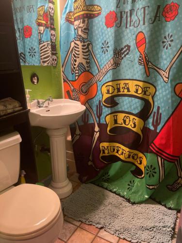 瓦列霍Castle Zoe的浴室设有卫生间、水槽和淋浴帘