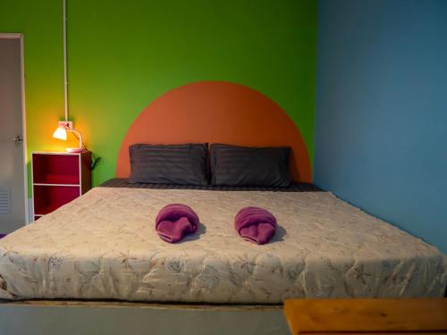 高兰猫简易别墅旅馆的床上有两张粉红色枕头