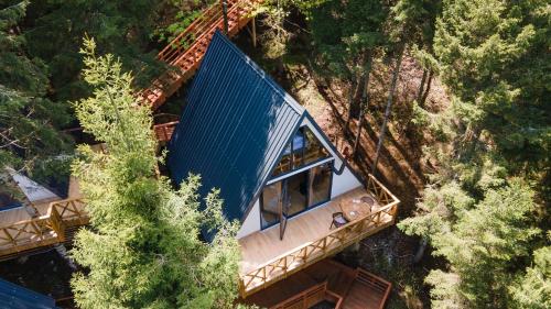 特拉布宗Montana Suite Bungalows的森林中一座桥上的蓝色屋顶公共汽车