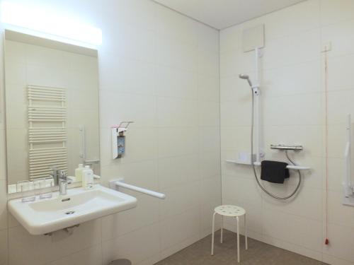 奥贝里德Barrierefreies Apartment Ursulinenhof的白色的浴室设有水槽和淋浴。