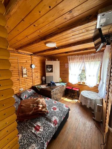 科尔贝尼Cabana Tinca的小木屋内带两张床的房间