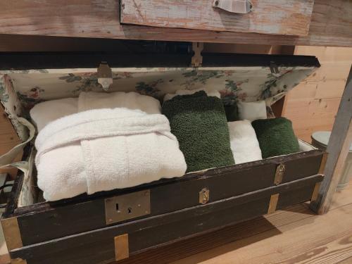 EntremontChambre Trèfle的装满毛巾和草的旧行李箱
