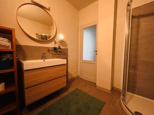 卢卡Appartamento 109 con giardino esclusivo的一间带水槽、淋浴和镜子的浴室