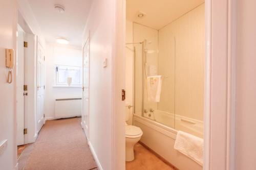 拉纳克Station Apartment 1 bed- Lanark的白色的浴室设有卫生间和淋浴。