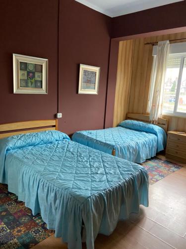 FeneHospedaje FranXu的卧室设有两张床铺,配有蓝色床单