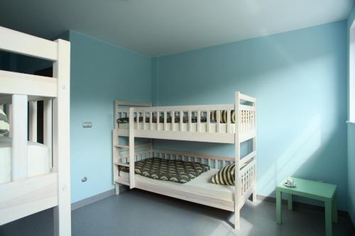 耶德利纳-兹德鲁伊Hostel Browar Jedlinka的一间设有白色双层床和蓝色墙壁的客房