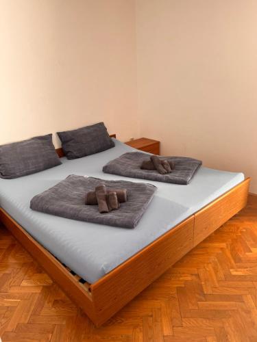 佩特坎内Apartman Bari Petrcane的两张床,上面有棕色枕头