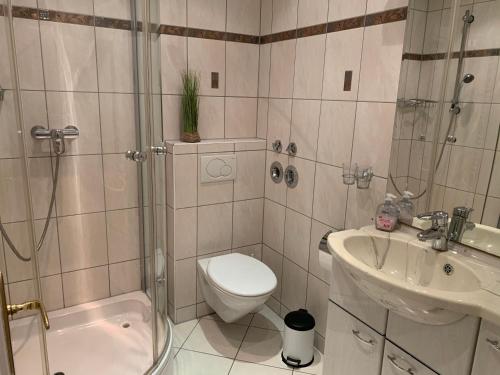 希尔克道夫Dara‘s Traumblick的浴室配有卫生间、淋浴和盥洗盆。