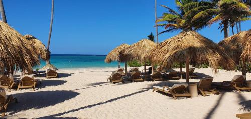 蓬塔卡纳Private Villa LaPerla Iberosta 3BDR, Pool, Beach, WiFi的海滩上设有椅子和草伞,还有大海