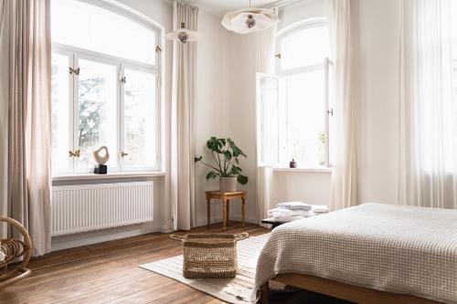 马尔肖HORAMI Villa - ORIGAMI Apartment mit Terrasse的一间白色卧室,配有床和2个窗户