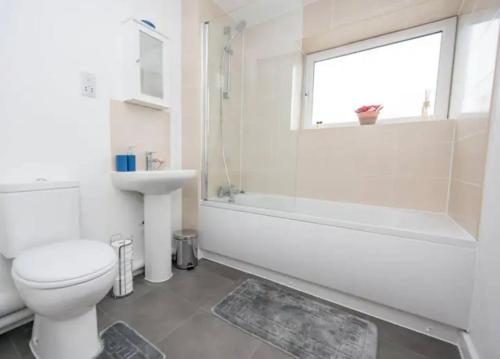 彼得伯勒1 Bedroom flat in Peterborough City centre的一间带卫生间、水槽和窗户的浴室