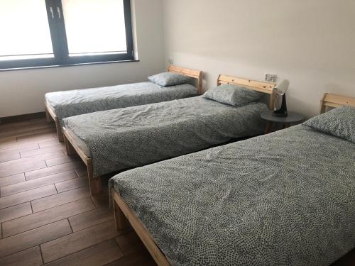 绿山城Apartament Modrzewiowa przy S3的带窗户的客房内设有三张单人床。