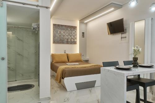 米蒂利尼Modern Studio for Two, Mytilene Lesvos的一间卧室配有一张床,浴室设有淋浴。