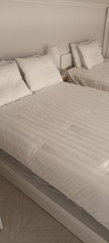 大邱Blooming Guest House的卧室内的两张床,配有白色床单和枕头