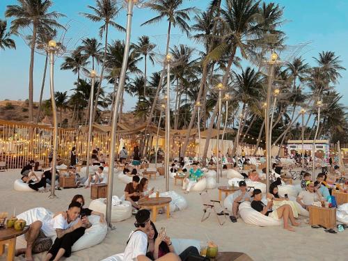 美奈郎差宾馆 的一群人坐在棕榈树海滩上