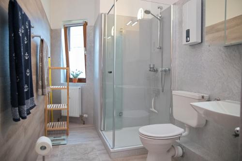 格洛米茨Haus Belvedere App 001 Stellpl 32 inkl WLAN的带淋浴、卫生间和盥洗盆的浴室