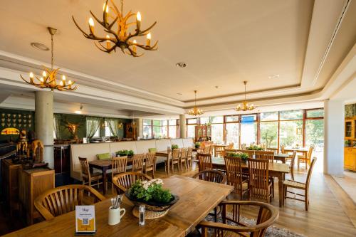 库洛特拉森STEIGER Hotel Rathener Hof的餐厅设有木桌、椅子和窗户。