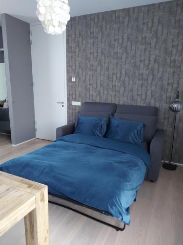 博克斯特尔Bed & Wellness Boxtel, 4 persoonskamer met eigen badkamer的卧室内的一张带蓝色床单的大床