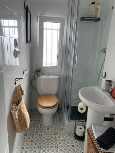 马德里Apartamento Vallecas Plaza的浴室配有卫生间、盥洗盆和淋浴。