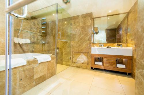 阿布贾Abuja Continental Hotel的带淋浴、盥洗盆和浴缸的浴室