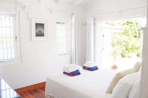 圣詹姆斯Hummingbird的白色的客房配有带两个枕头的床