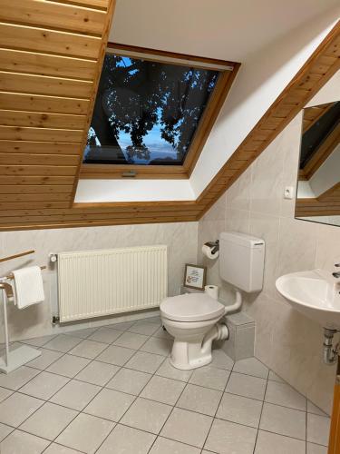 韦塞尔Landhaus am Loh的一间带卫生间和水槽的浴室