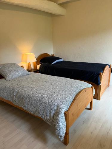 BaugéLe gîte du manoir的一间卧室设有两张床和一盏灯,位于地板上