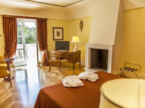 马丁纳弗兰卡Relais Villa San Martino的一间卧室配有一张带壁炉和书桌的床。