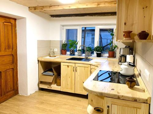 BagdatʼiLa-Marti, Idyllische Unterkunft mit Kamin的厨房配有木制橱柜和台面