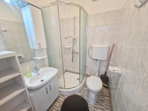 扎马迪温伯格旅馆的带淋浴、卫生间和盥洗盆的浴室