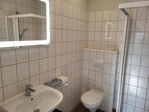巴特多布兰Ferienwohnung Bad Doberan - mit Garten und Terrasse - 2023 neu renoviert的一间带水槽、卫生间和镜子的浴室