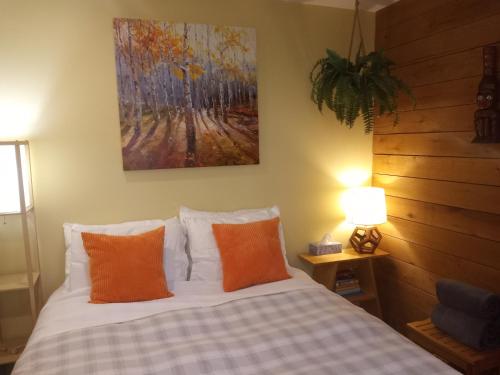 尤克卢利特Forest Sweet Retreat Hot Tub & Wood Fired Sauna的一张带橙色枕头的床和墙上的绘画