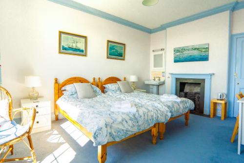 圣奥斯特尔Ivy House Cornwall B&B的一间卧室配有一张床和一个壁炉