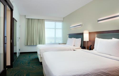 奥兰多SpringHill Suites by Marriott Orlando at FLAMINGO CROSSINGS Town Center-Western Entrance的酒店客房设有两张床和窗户。