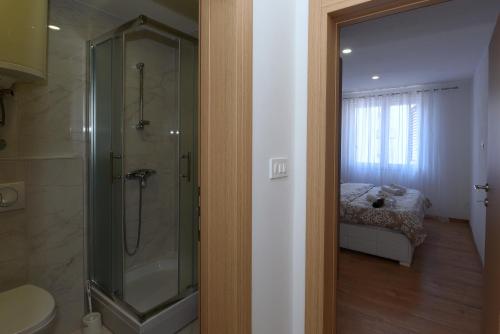 普洛切Apartman Roko的带淋浴和卫生间的浴室以及1张床。
