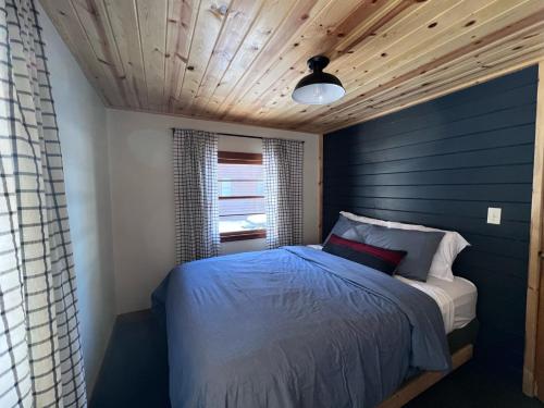 LaporteKona Kona Resort & Cabins的一间卧室配有一张蓝色墙壁的床
