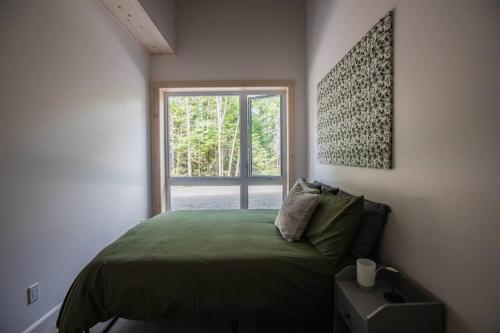 圣多纳特蒙卡尔姆Le Boréal的一间卧室设有一张绿色的床和一个窗户。