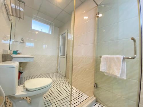 格卢市社海当酒店的一间带卫生间和玻璃淋浴间的浴室