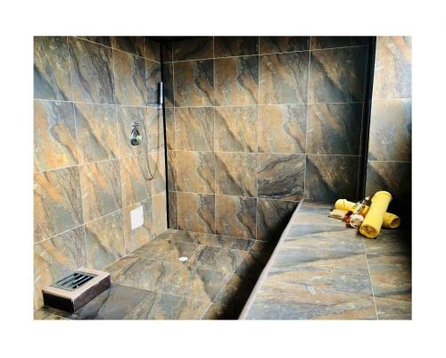 萨兰托HOTEL SHAMBALA的带淋浴、水槽和淋浴的浴室