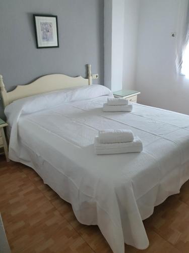 Aldea QuintanaHostal Carlos III的一张白色的床,上面有两条毛巾