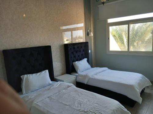 杜拉特阿拉尔فيلا بلوبيتش بمسبح خاص وشاطى رملي的酒店客房设有两张床和窗户。