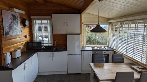 特兹西尼德Snowdonia Log cabin的厨房配有白色橱柜和木制天花板