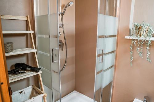 博萨Belvedere - Terrazza panoramica的浴室里设有玻璃门淋浴