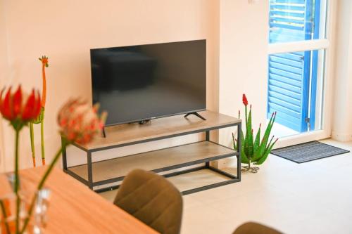 尼亚卢卡Apartment Leo Blue的客厅的台面上配有平面电视