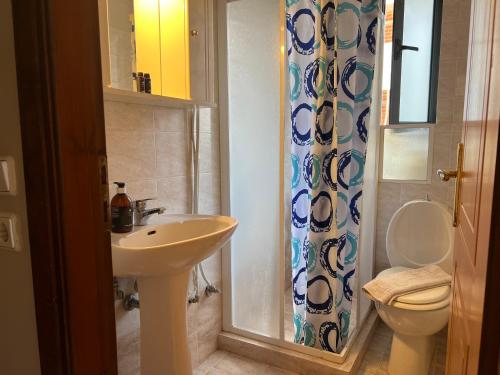 雅典Διαμέρισμα 113 4ου ορόφου στο Χαλάνδρι的浴室配有水槽、卫生间和浴帘